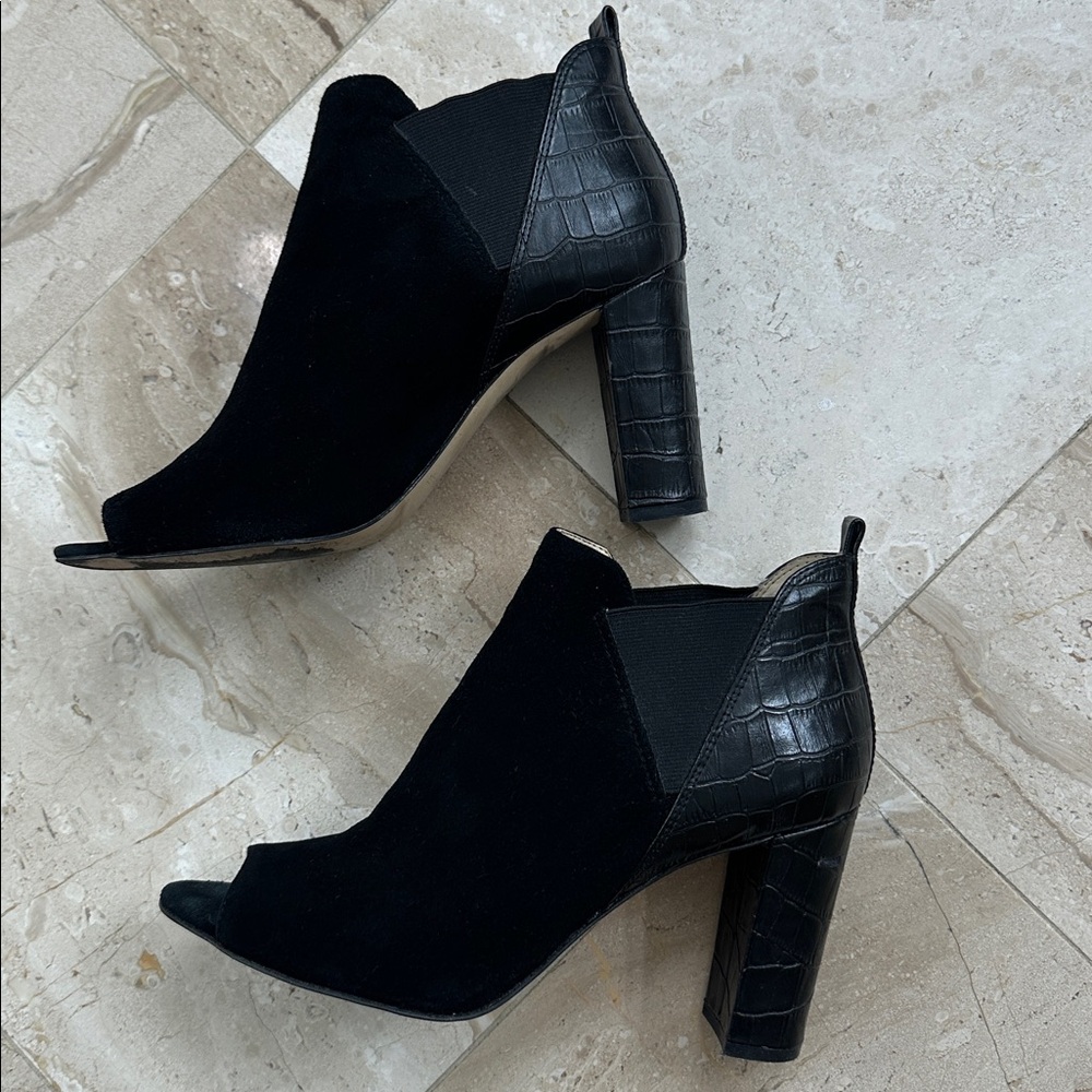 Marc Fisher Black Suede Peep-Toe Chunk Heeled Booties - Picture 2 of 10
